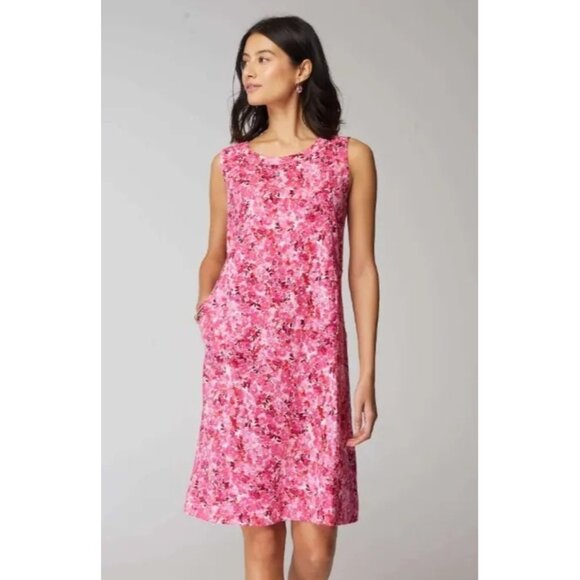 J. Jill Pink Red Floral Print Sleeveless Soft Knit Dress w/Pockets Size L Summer - Picture 1 of 7